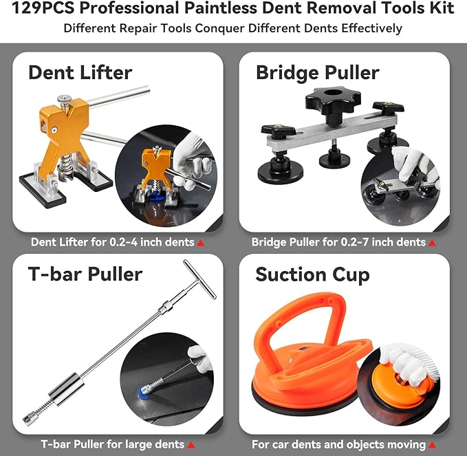 129pcs Dent Puller Kit, Paintless Dent Repair Kit for Dent Removal, Paintless Dent Removal Kit with T-Bar, Bridge Puller, Golden Lifter, Car Dent Puller Kit for Hail Damage Door Ding Fridge