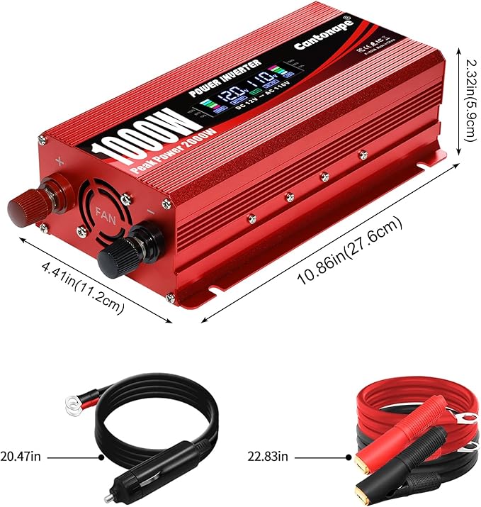1000W/2000W(Peak) Car Power Inverter DC 12V to 110V/120V AC Converter with LCD Display Dual AC Outlets and Dual USB Car Charger for Car Home Laptop Truck Red