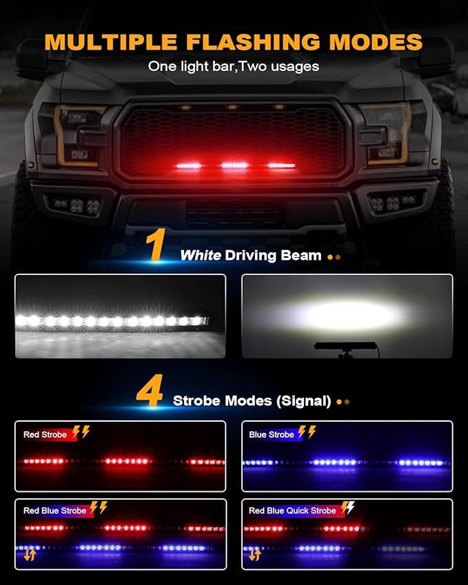 [Red & Blue Strobe] 20 inch LED Light Bar, Single Row Flashing Police Light, Chasing Light with Wiring Harness for Off-Road ATV UTV Car Pickup Truck [Straight]