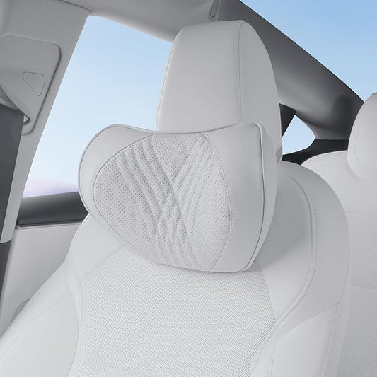 Car Neck Pillow Memory Foam Premium Leather Headrest Neck Support Cushion Universal for Driving Home Office, White,1PC