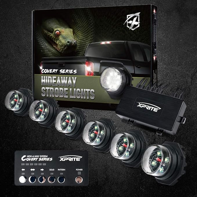 Xprite White LED Hideaway Emergency Strobe Lights Kit, 20 Flashing Modes w/Controller Headlights Taillights Fog Light Mounting, Hazard Warning Caution Light for 12V Vehicles Pickup Trucks Vans 6PCS