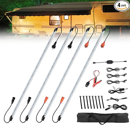 12V LED Interior Light Bar Kit Dimmable IP67 Waterproof Camping String Lights, Aluminum Magnetic Mount Exterior Lights,Portable Lighting for RV, Camping Tent Car Trailer Boat (4 Pack)