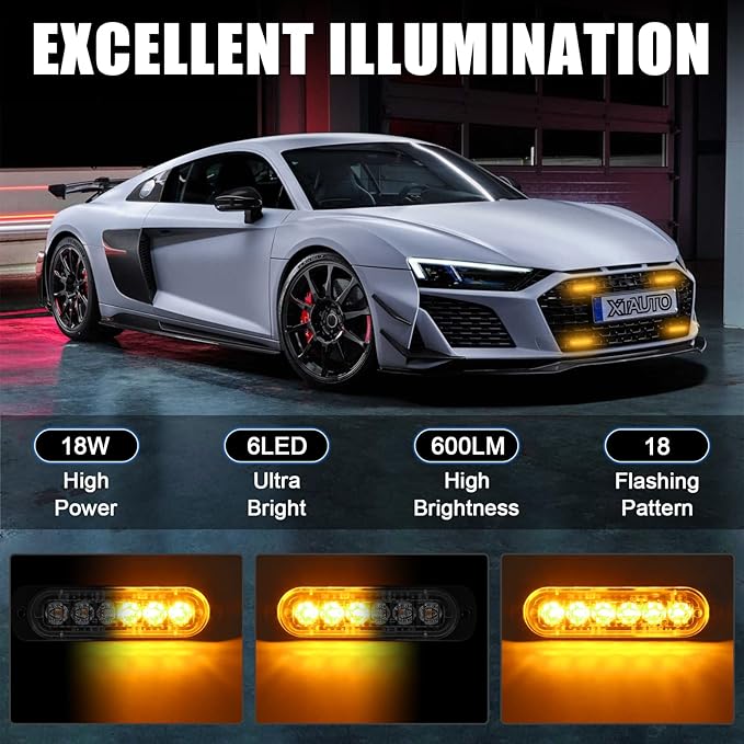 10pcs LED Emergency Strobe Light, 6-LED Ultra Slim Surface Mount Flashing Warning Beacon Hazard Construction Caution Grille Light Bar for Truck Car Off Road Vehicles SUV ATV (Amber)