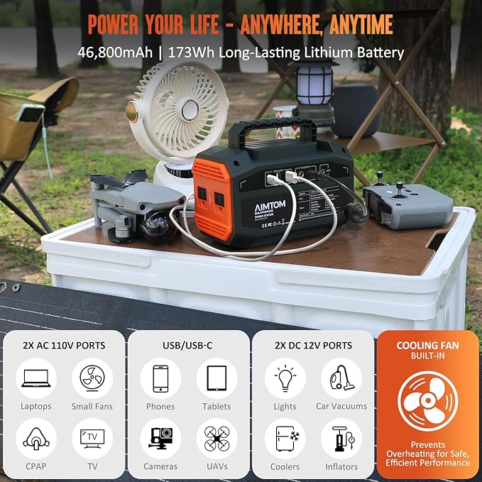 AIMTOM Portable Power Station 173Wh Lithium Battery, 200W AC Outlet (250W Surge), 18W USB-C, 2x USB-A, 2x 12V DC Outputs, LED Flashlight – Ideal for Camping, Travel, Emergency Backup, RV, Home Use