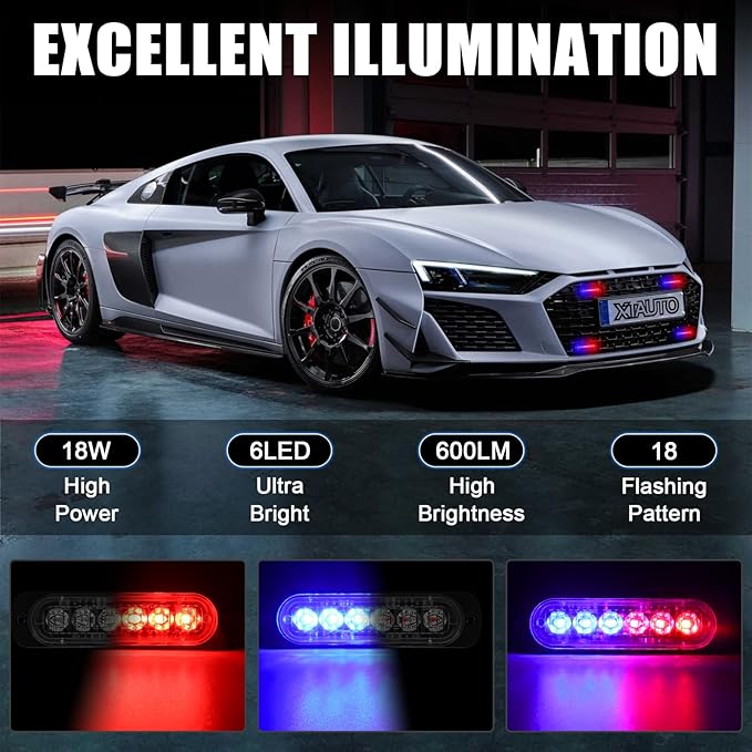 10pcs LED Emergency Strobe Light, 6-LED Ultra Slim Surface Mount Flashing Warning Beacon Hazard Construction Caution Grille Light Bar for Truck Car Off Road Vehicles SUV ATV (Red Blue)