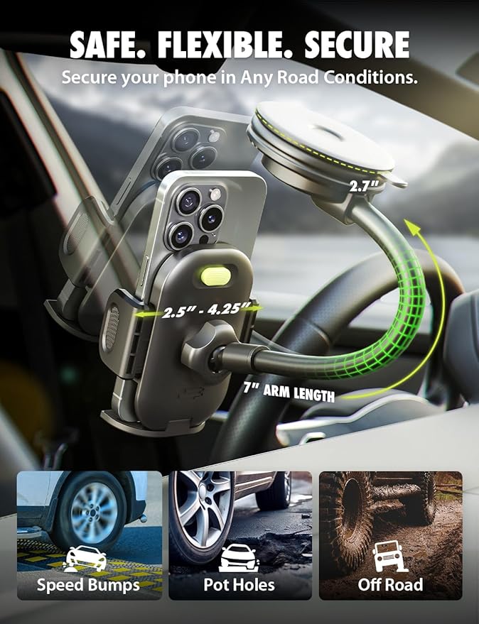 Bracketron Cell Phone Holders for Your Car, 7.5" Flexible Gooseneck Phone Holder for Car Dashboard & Windshield, One-Hand Release TripGrip 2.0 Car Phone Holder Mount Compatible with iPhone and Samsung