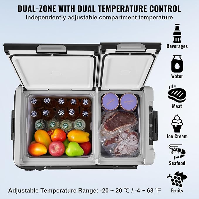 VEVOR Portable Car Refrigerator, 12 Volt Car Refrigerator Fridge, 58 L / 61.5 QT Dual Zone Portable Freezer, -4℉-68℉ Adjustable Temperature, Compressor Cooler for Home, Outdoor, Camping, RV, Car