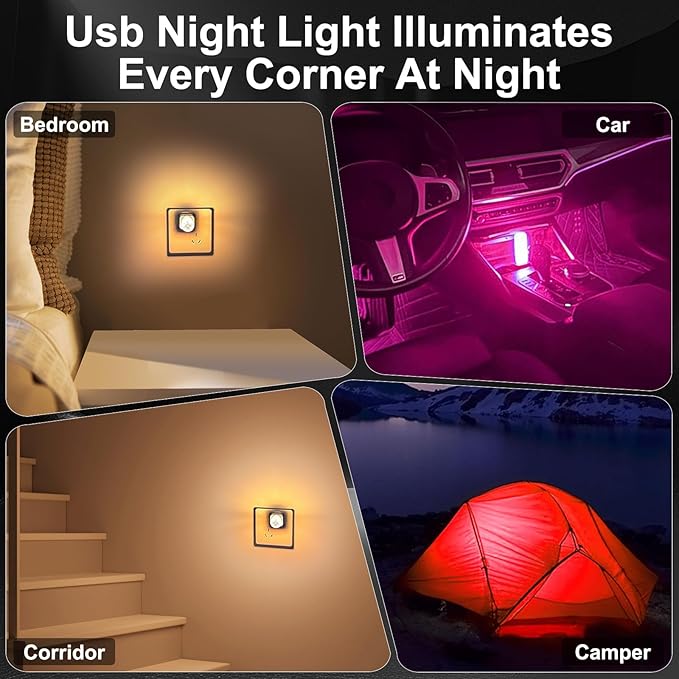 2 PCS Car USB Night Light Bulb, Touch Dimmable Car Interior Ambient Lights, Portable Mini USB Retro Glass Bottle Lamp Decorations for Vehicle, Bedroom, Hallway, Camping (Pink)