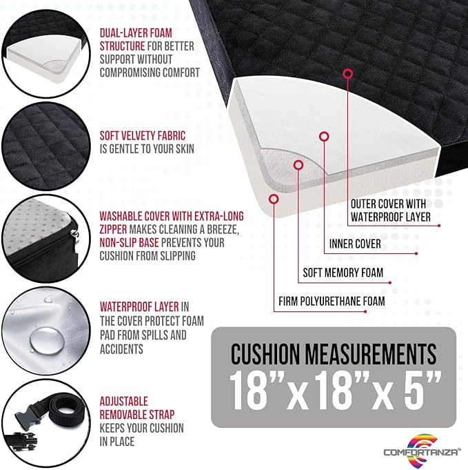 Booster Cushion for Adults - 18x18x5 Medium-Firm Seat Cushion for Home, Office, Wheelchair, Car - Washable Velvety Cover with Waterproof Layer, Removable Strap & Non-Slip Base - Brown