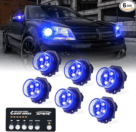Xprite Blue LED Hideaway Strobe Police Lights Kit, 20 Flashing w/Control Panel Headlights Taillights Mounting, Hazard Warning for Emergency POV Vehicles Volunteer Cars Trucks SUV 6PCS