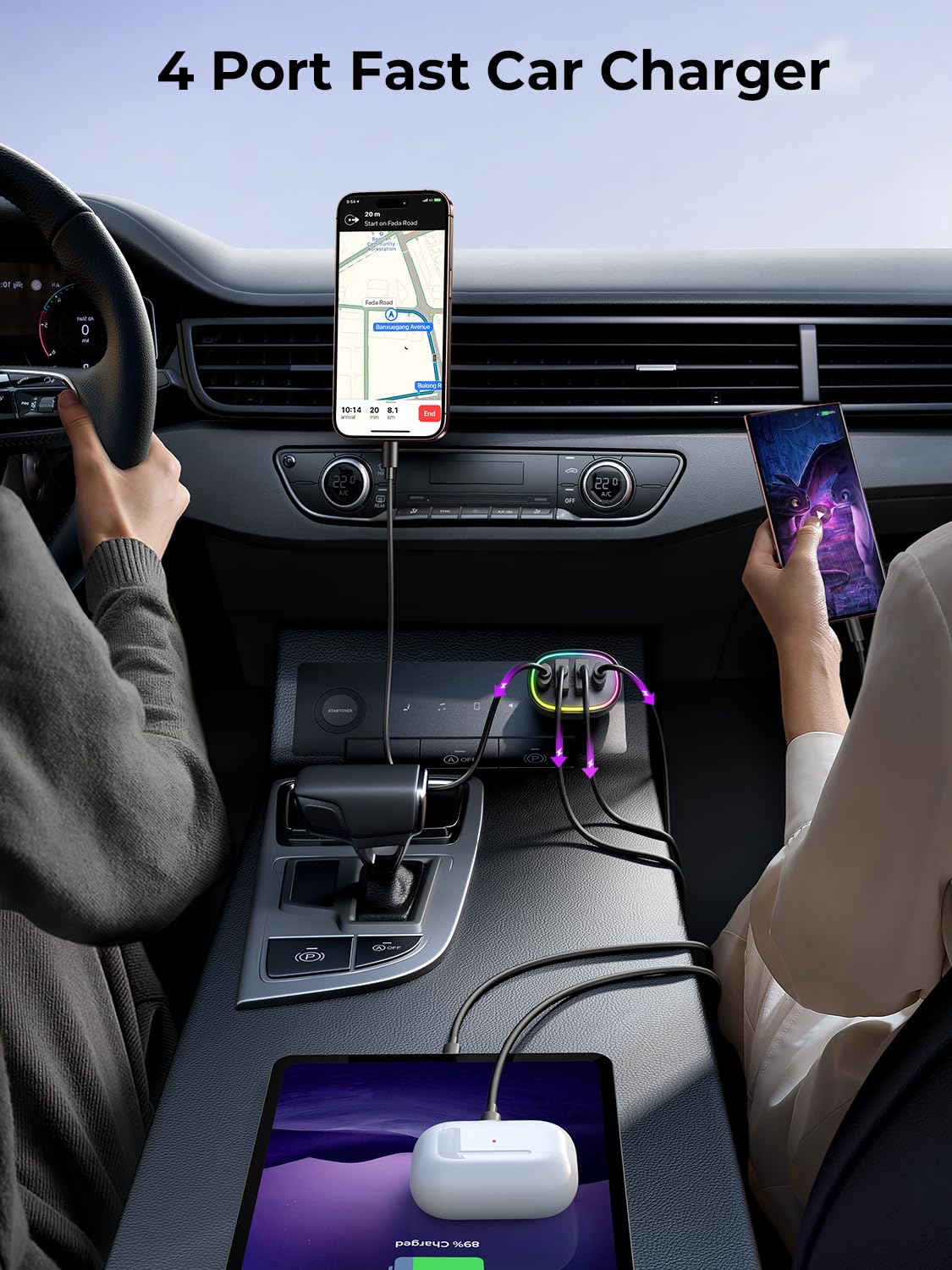 Car Charger USB C 90W 4-Port Car Phone Charger Compatible with iPhone 16/15/14/13/12 Pro Max Plus [A Must for Family Travel] Super Fast Charging Cigarette Lighter Adapter Port