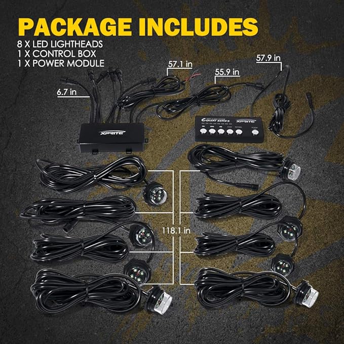 Xprite White Amber LED Hideaway Strobe Lights Kit 20 Flashing Patterns w/Control Panel Headlights Taillights Fog Light Mounting, for Roadside Emergency Vehicles Trucks SUV Vans Cars UTV ATV 8 PCs