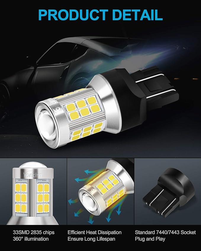 Yorkim 7443 led bulb, super bright 7440 led bulb T20 LED Bulbs with Projector Replacement for led Reverse Blinker Brake Tail Lights, 6000K Xenon White, pack of 2