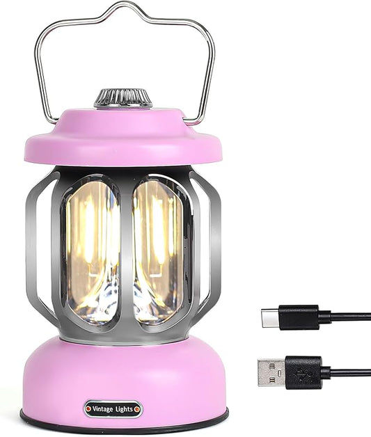 Rechargeable LED Camping Lanterns, Vintage Camping Lights Battery Operated, Portable Retro Metal Glamping Lights for Hiking, Hurricane, Decoration, Power outages, Pink, 1 Pack