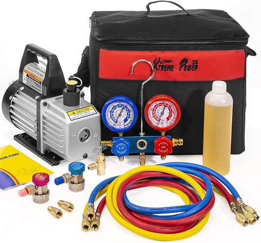 XtremepowerUS HVAC Air Vacuum Pump 3CFM 1/4HP (R134a R12 R22 R410a) A/C Refrigeration AC Manifold Gauge R134 Can-Tap Included Carrying Tote