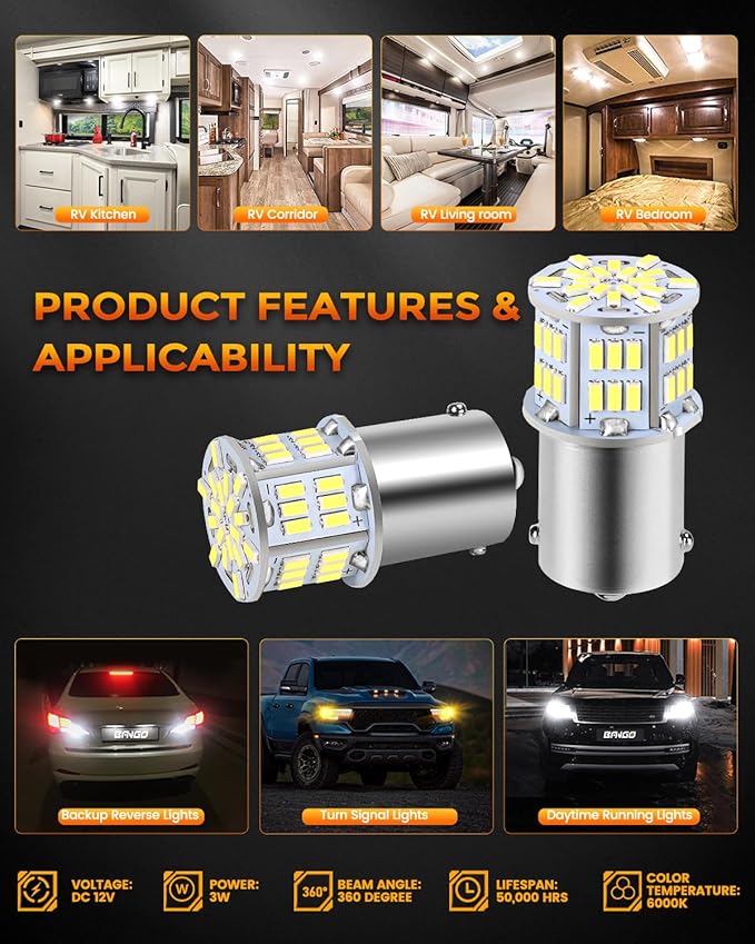 BANGO 1156 LED Bulb White Backup Reverse Light, 1141 7506 BA15S RV Interior Light Bulbs Super Bright for 12V RV Camper Trailer Boat Trunk Interior Lights, Pack of 4