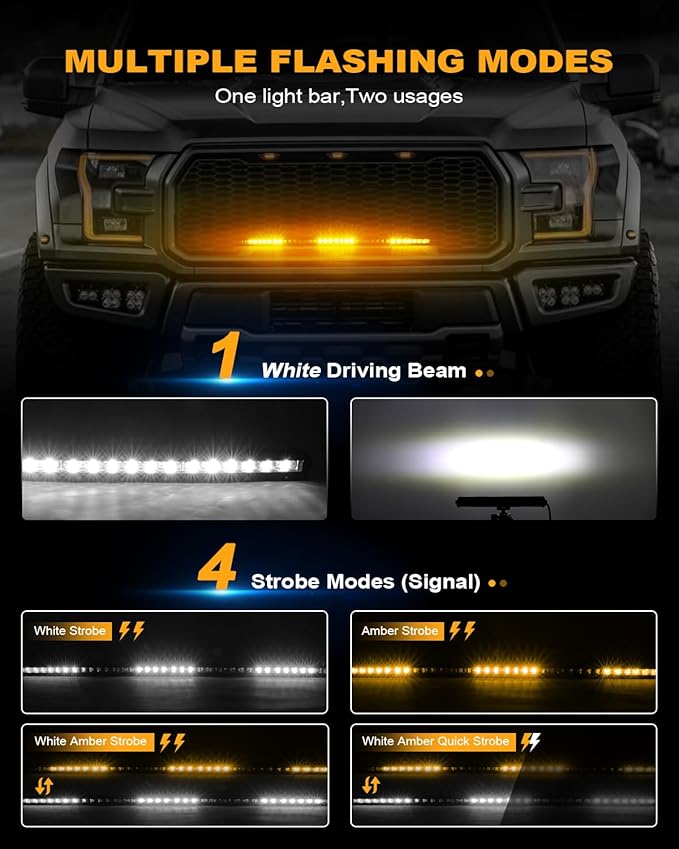 [White & Amber Strobe] 32 inch LED Light Bar, Single Row Slim Bar, Flashing Chase Light with Wiring Harness for Off-Road Truck SUV UTV Car [Straight]