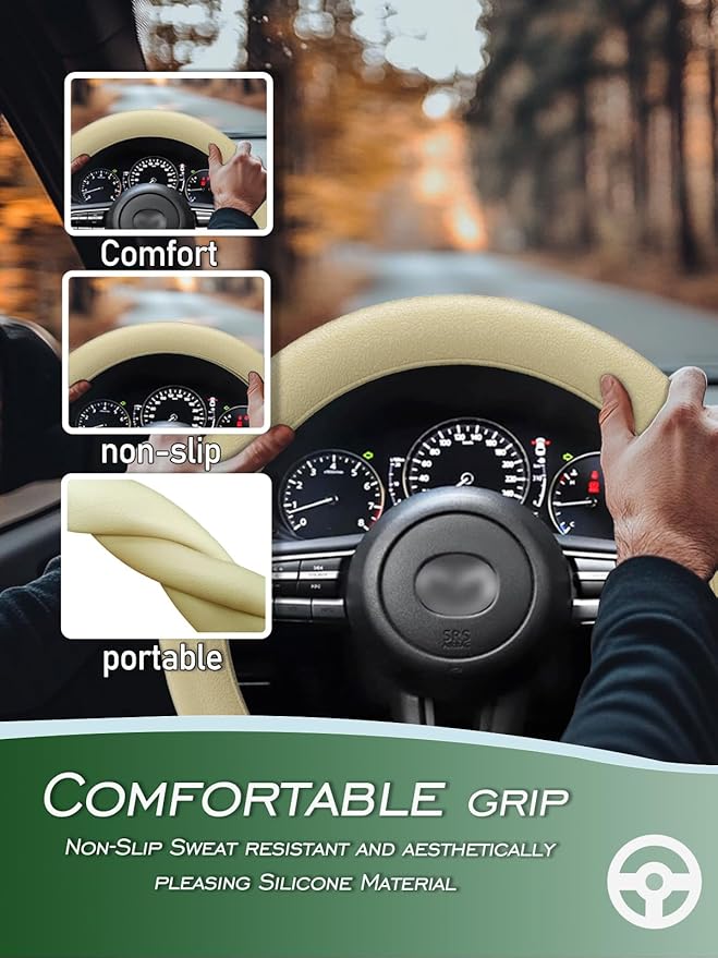 LRITER Car Steering Wheel Cover, Non-Slip Silicone Material, Multiple Color Choices, Universal Auto Parts Steering Wheel Cover, Suitable for Most Cars (Champagne)