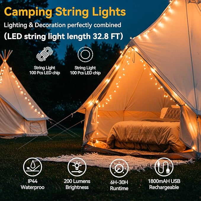 33FT Camping String Lights, Rechargeable String Lights with 8 Modes, Waterproof Outdoor Lights with Delay Closure, Retractable Design & Hooks for Outdoor Patio Awning Garden Party Essentials