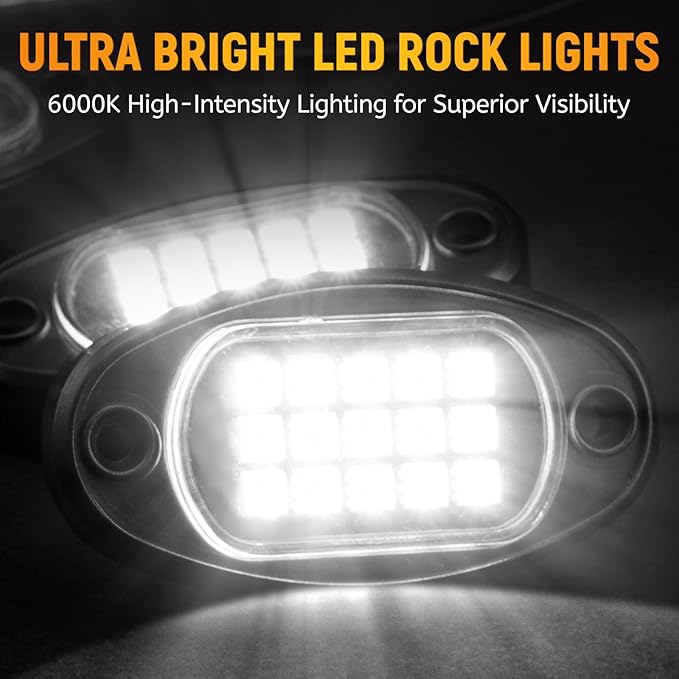 YONEDA 20 Pods White Rock Lights 6000K Ultra Bright LED Neon Underglow Lights IP68 Waterproof for Trucks SUV UTV ATV RZR Car Boats Pickup Motorcycle with 39.37in Extension Wire
