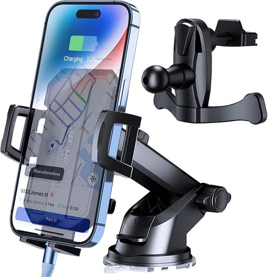 3 in 1 Car Phone Holder, Dashboard & Windshield & Vent Universal Car Mount Phone Holder for Your Car, Cell Phone Holder Truck for iPhone 16 15 Pro Max 14 Samsung, Matte Black