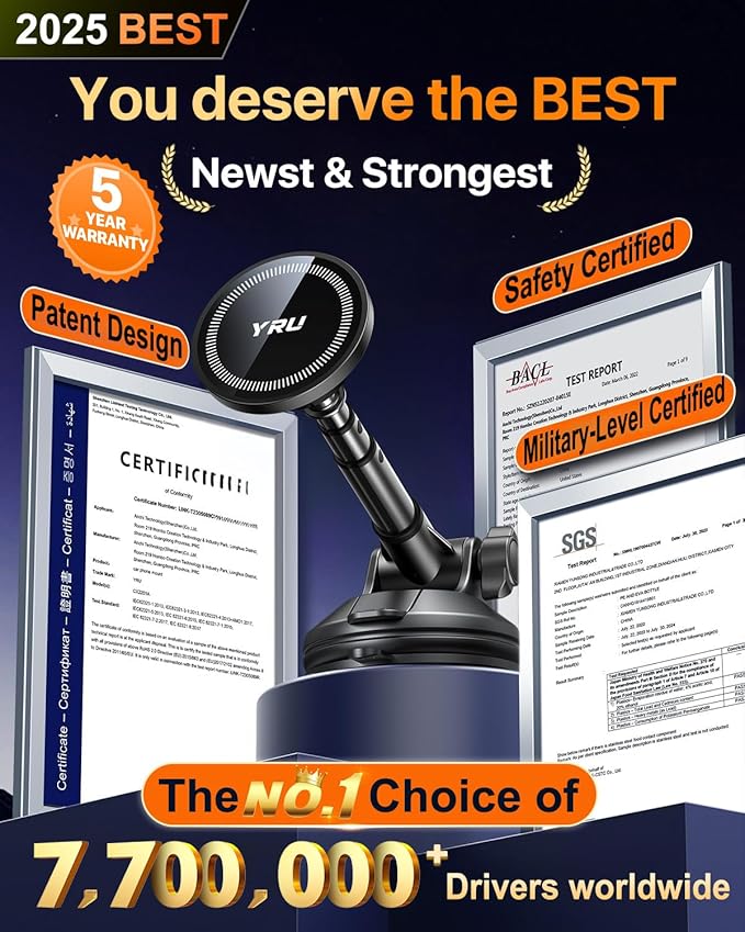 YRU [2025 Upgraded] Magnetic Phone Holder for Car【Patented & Super Magnet】 for MagSafe Car Mount Dashboard Magnet Phone Holder Windshield Phone Stand for iPhone 16 15 14 13 12 Pro Max Samsung, Black
