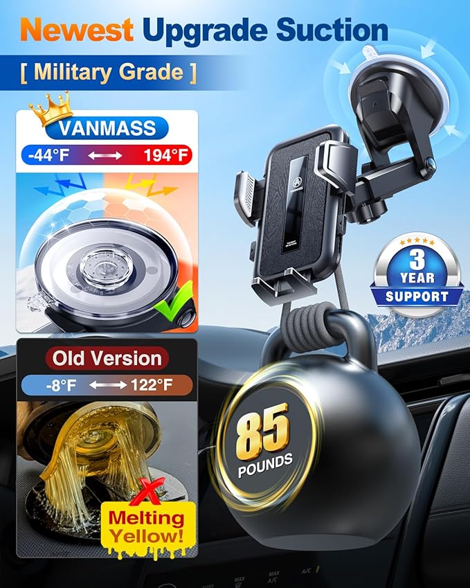 VANMASS 2025 Upgraded Car Phone Holder, [85+LBS Strongest Suction] Patent Safety Cell Phone Mount Windshield Dashboard Vent Truck Accessories Stand Cradle for iPhone 16 Pro Max 15 14 13 Android