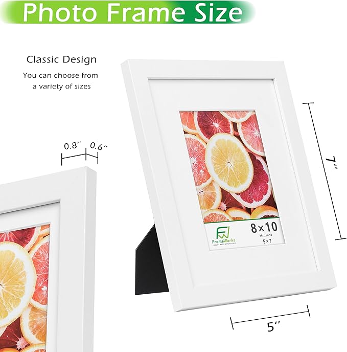 FrameWorks 2-Pack, 8x10 Matted to 5x7 Picture Frame, White – Classic Wooden Photo Frame with Tempered Glass, Modern Matte Finish for Prints, Posters, Certificates & Wall Decor – Gallery-Ready