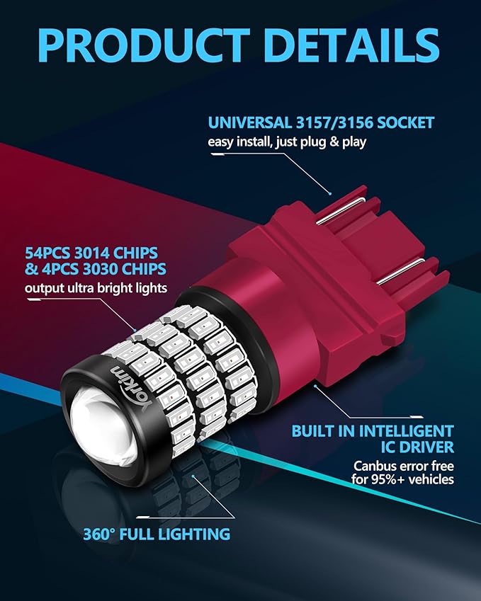 Yorkim 3157 Led Bulb Red 3157 Led brake bulb tail lights 3157 blinking brake lights with Projector 3056 3156 3057 4057 4157 T25 Led Bulbs red, Pack of 2