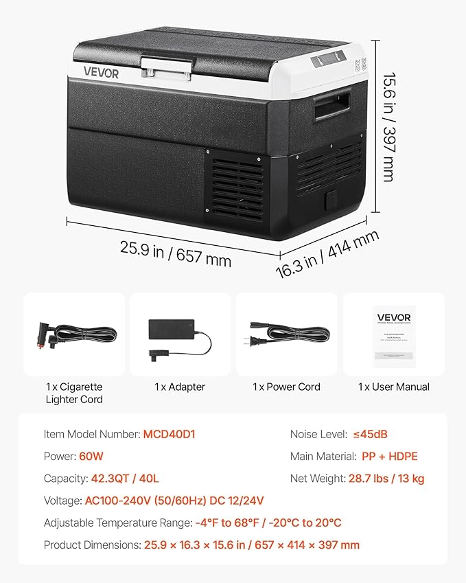VEVOR 12 Volt Car Refrigerator, 42.3QT/40L Car Fridge, Portable Electric Cooler with -4℉~68℉ Adjustable Temperature, 12/24V DC and 100-240V AC Compressor Freezer for Outdoor, Camping, Travel, RV