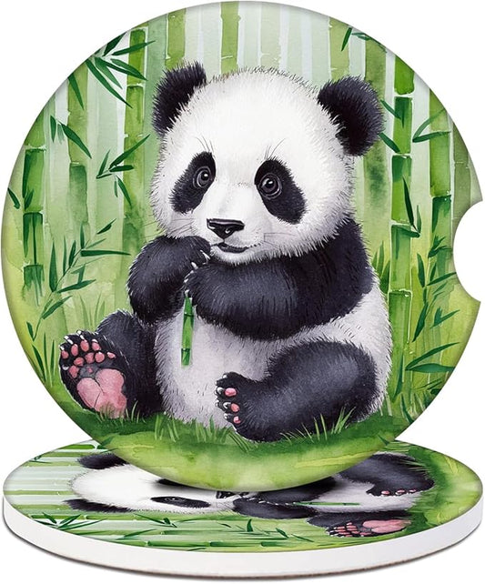Cute Panda Car Coasters for Cup Holders, Absorbent Ceramic Car Coaster Car Cup Holder Coaster Car Accessories for Women Men (2 Pack)