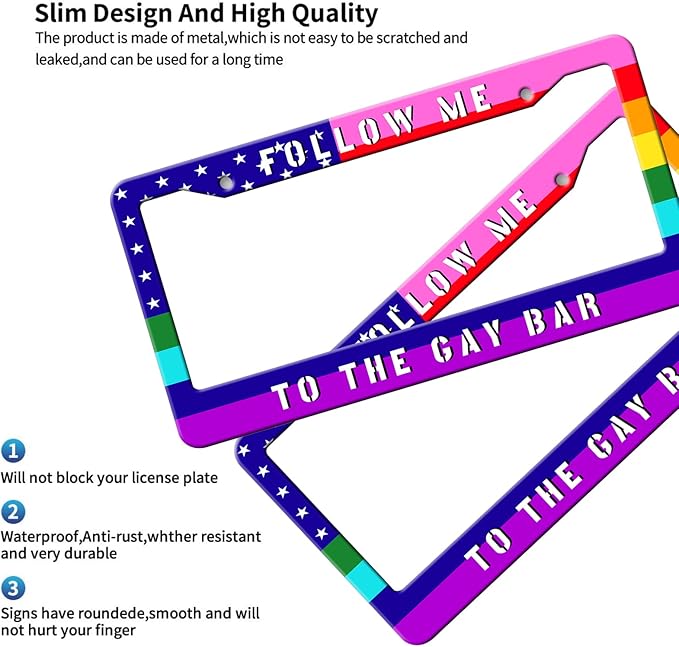 MIOAOSRT Follow Me to The Gay Bar License Plate Frame Gay Pride Flag LGBT License Plate Cover Car Tag Holder Metal License Plate Frame Fits Standard U.S.Vehicles 12x6 Inch