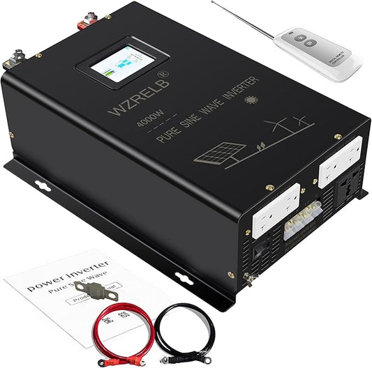 WZRELB 4000W 24V Pure Sine Wave Inverter, 24V DC to 120V/240V Split Phase Power Inverter, 8KW Surge, 5 AC Outlets, AC Hardwire Terminal, High Efficiency up to 91.6%, Wireless Remote