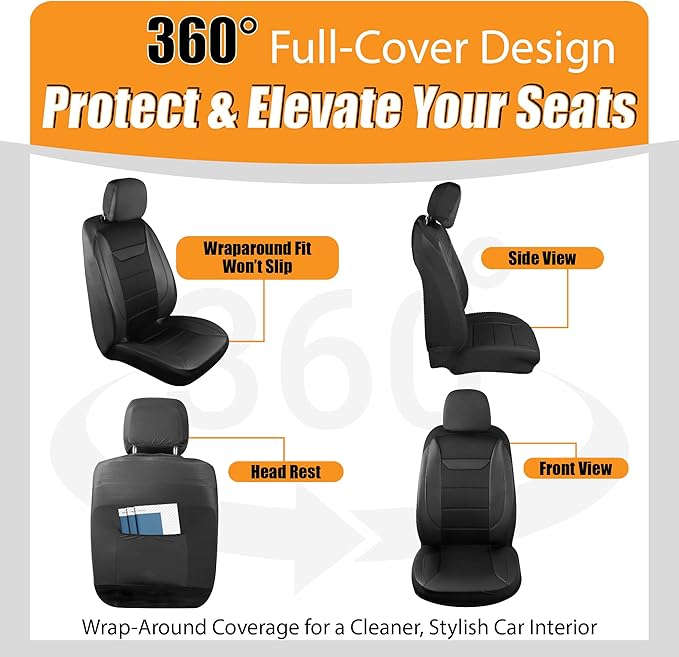 kingphenix 2 Pack Front Memory Foam Leather Car Seat Covers, Breathable 4D Mesh, Easy Install Automotive Seat Protectors, Airbag Compatible, Universal Fit for Cars, Trucks, Vans, SUV - Black