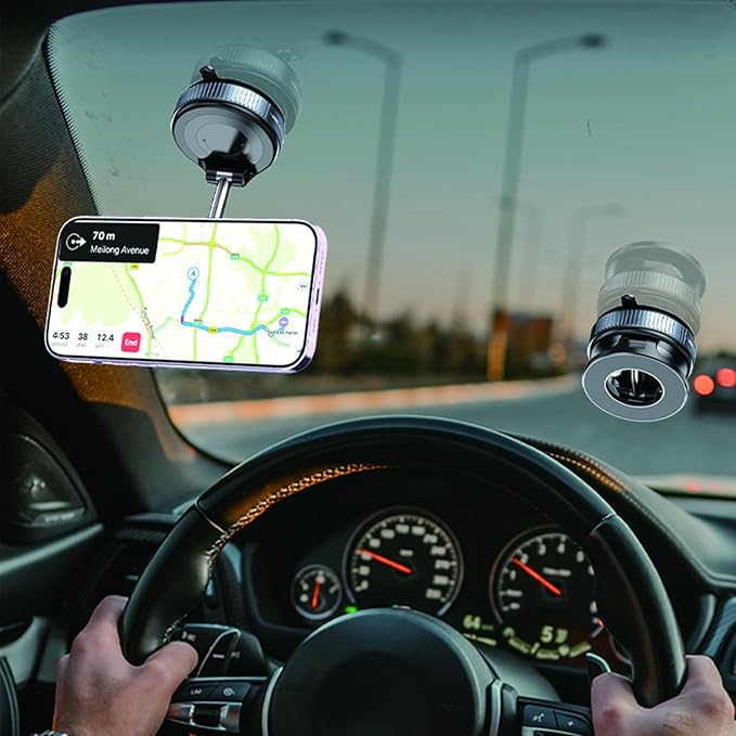 [Upgraded] Vacuum Magnetic Phone Car Mount - Universal Dashboard & Home Cell Phone Holder with Air Pressure Suction Base + Metal Rings & Sticky Base for Non-Magnetic Phones (iPhone & Android) (White)