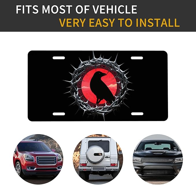 Front License Plate Crow Thorns Sunset Vanity Plates Aluminum Metal Decorative Car Tag Novelty License Plate Cover for Men Women ‎6 * 12 in (4 Holes)