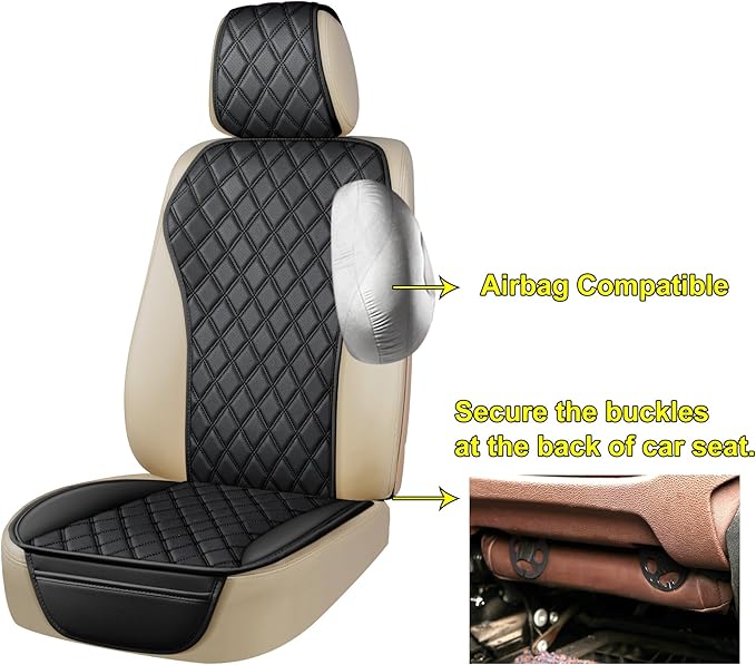 2PCS Leather Car Seat Covers, Front Seat Covers with Steering Wheel Cover and Two Seat Belt Pads, Waterproof Seat Protector for Cars Universal Fit 95% Vehicles (Black)