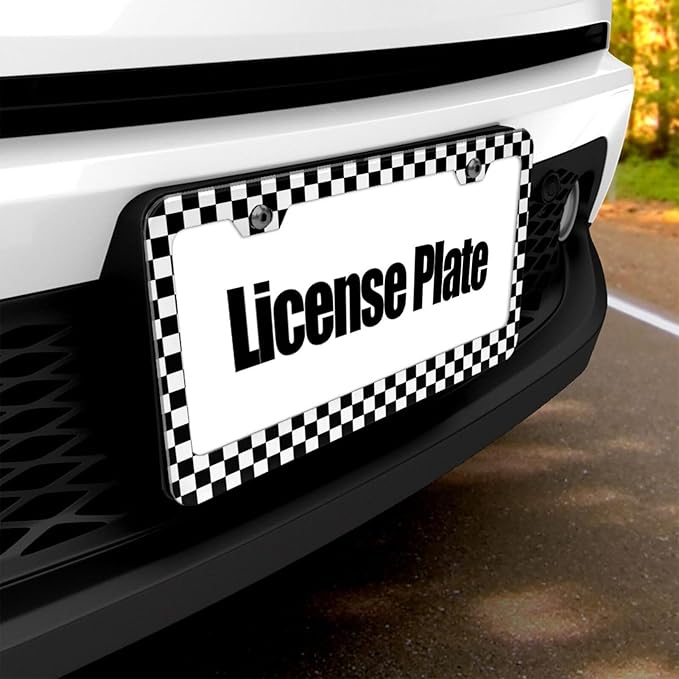 Black and White Checkerboard License Plate Frame, Car Tag Frame Aluminum Auto Decorative License Plate Holder for Men Women (2 Holes & Screws, 6 X 12 in)