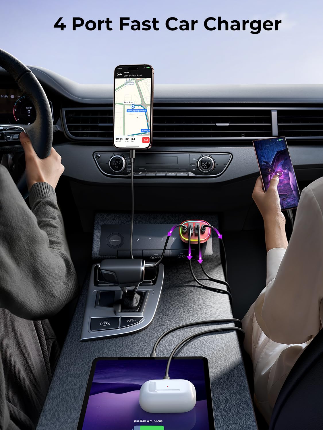 Car Charger USB C 90W 4-Port Car Phone Charger Compatible with iPhone 16/15/14/13/12 Pro Max Plus [A Must for Family Travel] Super Fast Charging Cigarette Lighter Adapter Port