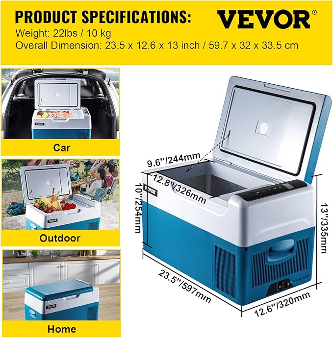 VEVOR Portable 23 Quart(22 Liter) 12 Volt App Control(-4℉~68℉), Car Refrigerator Electric Compressor Cooler with 12/24v DC & 110-240v AC for Camping, Travel, Fishing, Outdoor, White+Blue