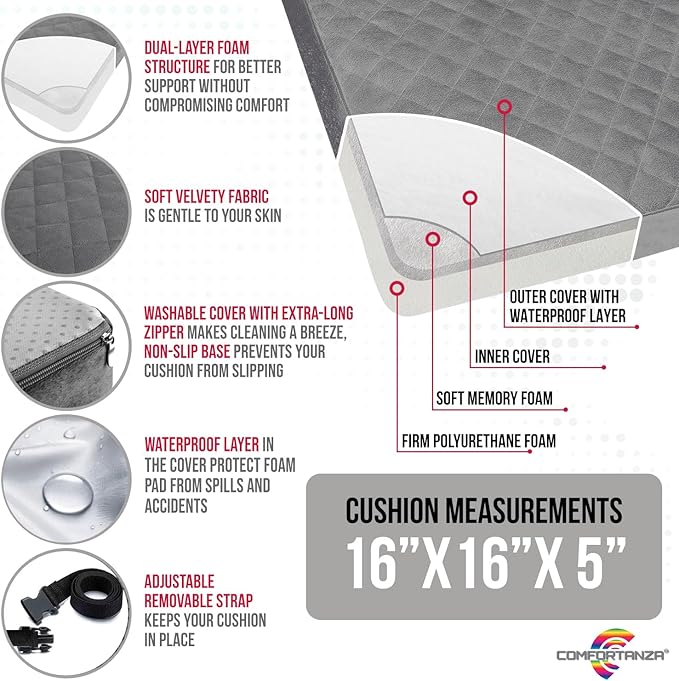 Booster Cushion for Adults - 16x16x5 Medium-Firm Seat Cushion for Home, Office, Wheelchair, Car - Washable Velvety Cover with Waterproof Layer & Removable Strap, Non-Slip Base - Gray