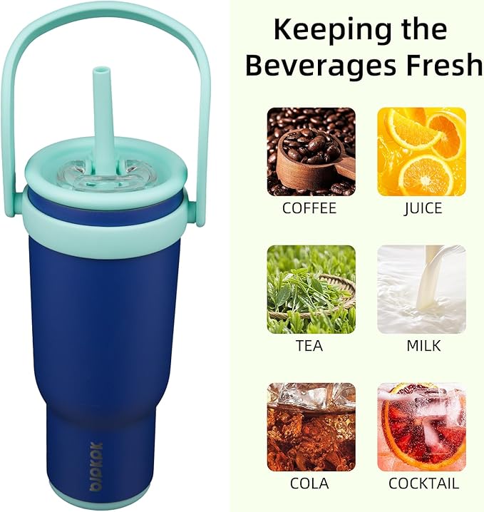 BJPKPK 40 OZ Insulated Travel Tumbler with Handle and Straw, Stainless Steel Water Bottle, Double Wall Vacuum Insulated Mug, for Work, Car, Travel, Deep Blue