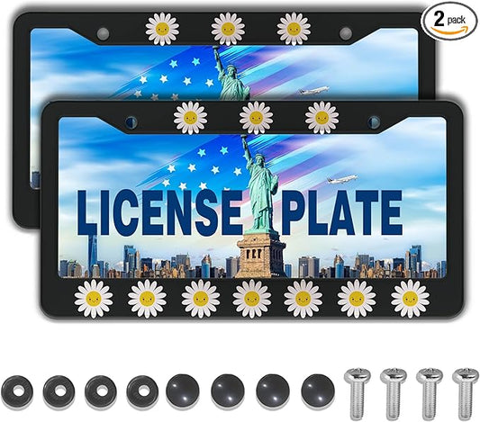 Automotive Exterior Accessories White, Black, Yellow License Plate Frames Daisy Cute Girly Gift Aluminum Metal Car Accessory 2 Pack with Screw Covers Set