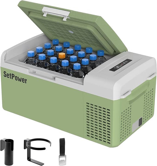 Setpower FC15 Portable 12v Refrigerator, -4℉-68℉ Fast Cooling Car Refrigerator, 15L/15.8Qt Car Fridge Portable Freezer with 12/24V DC & 110/240V AC, Electric Cooler (Green, 15L With AC Adapter)