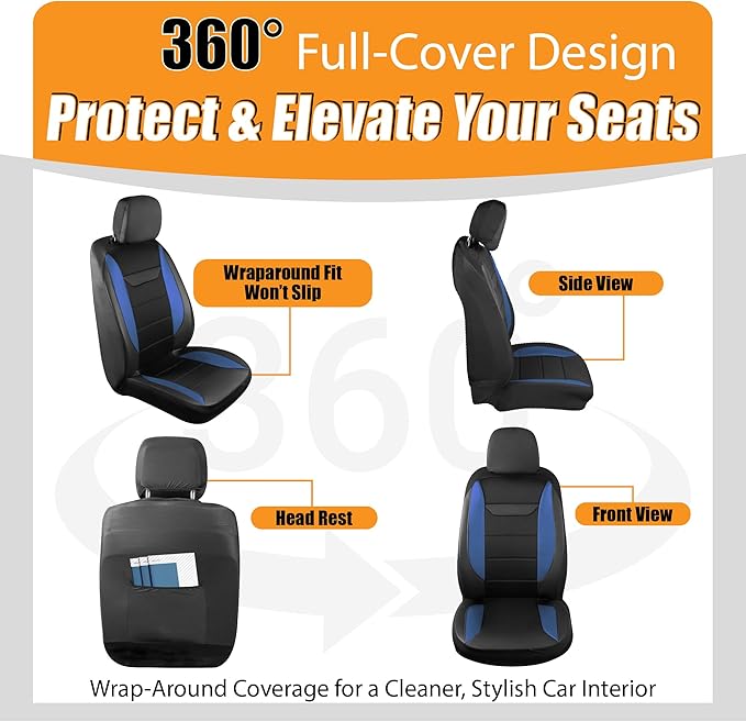 kingphenix 2PCs Memory Foam Leather Car Seat Covers, Breathable 4D Mesh, Easy Install Automotive Seat Protectors, Airbag Compatible, Universal Fit for Cars, Trucks, Vans, SUV - Blue