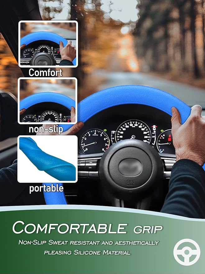 LRITER Car Steering Wheel Cover, Non-Slip Silicone Material, Multiple Color Choices, Universal Auto Parts Steering Wheel Cover, Suitable for Most Cars (Blue)