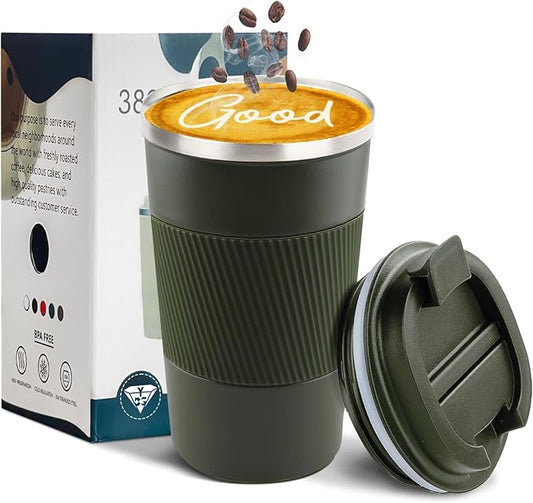 YINBAOGE Insulated Travel Coffee Mug, Spill & Leak Proof, Portable To Go Camping Stainless Steel Coffee Tumbler, Reusable Thermal Coffee Cup with Lid for Hot & Cold Drinks (Green, 17 OZ)