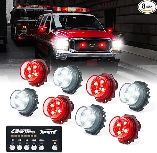 Xprite White Red LED Hideaway Strobe Lights Kit, 20 Flashing Patterns w/Control Panel Headlights Taillights Fog Light Interior Mounting, for Emergency Vehicles Firefighter Cars Trucks SUV 8PCS