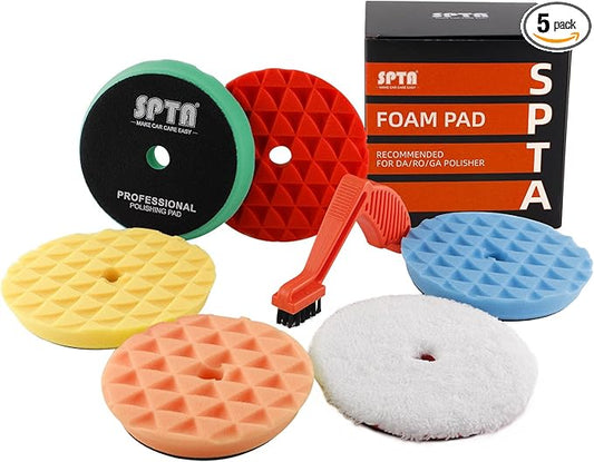 Polishing Pads, 5Pc 5 Inch 125mm Orbital Buffer Polisher Pads and 1Pc Microfiber Buffing Pads, Foam Polish Pad for Compounding, Polishing and Waxing, for 5''/125mm Backing Plate Car Polisher -TPP5MIX