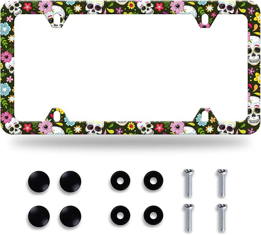 Sugar Skull License Plate Frame Skull and Flowers License Plate Stainless Steel Auto Parts Funny License Plate Decorative with Screws Size 12.3" x 6.3" for Women Men